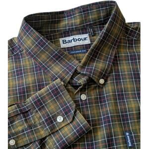 Barbour Shirt Mens L Green Red Tartan Plaid Tailored Fit Cotton Button Down